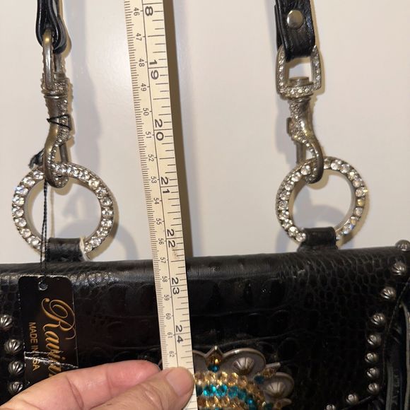 Raviani Fringe Satchel Bag In Black Alligator Embossd Leather Crystal Flower NWT - Picture 6 of 14